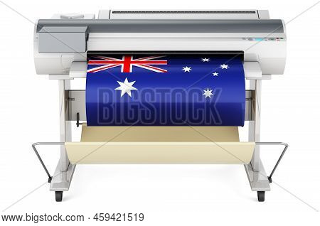 Wide Format Printer, Plotter With Australian Flag. 3d Rendering Isolated On White Background