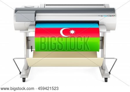 Wide Format Printer, Plotter With Azerbaijani Flag. 3d Rendering Isolated On White Background