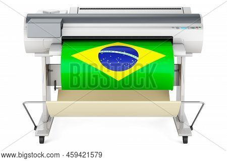 Wide Format Printer, Plotter With Brazilian Flag. 3d Rendering Isolated On White Background