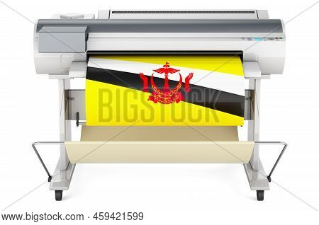 Wide Format Printer, Plotter With Bruneian Flag. 3d Rendering Isolated On White Background