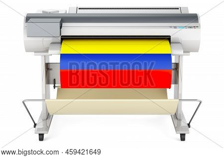 Wide Format Printer, Plotter With Colombian Flag. 3d Rendering Isolated On White Background