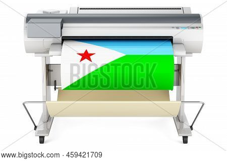 Wide Format Printer, Plotter With Djiboutian Flag. 3d Rendering Isolated On White Background