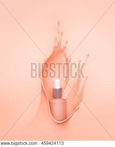 Blank Cosmetics Skincare Product Or Packaging For Mock Up. Liquid Makeup Foundation Bottle With Cosm