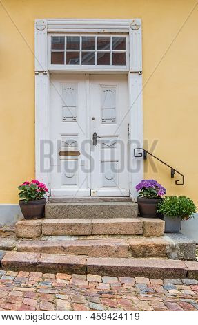 White Front Door In A Historic House In Viborg, Denmark