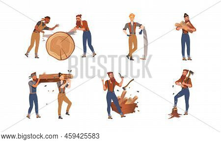 Bearded Woodman Or Lumberman In Checkered Shirt And Sling Pants With Felling Ax Chopping And Sawing 