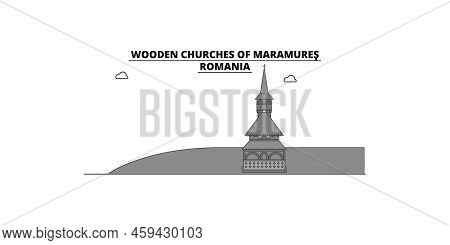 Romania, Maramures, Wooden Churches City Skyline Isolated Vector Illustration, Icons