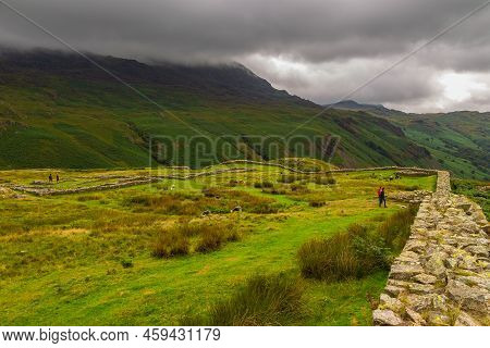 Hardknott Pass, Cumbria, England - 13 August 2018: View Of The Hardknott Roman Fort , Archeological 