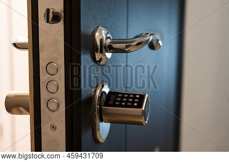 Open Door To The Apartment With A Combination Lock. Keyless Entry.