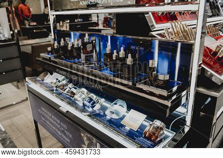 Phuket, Thailand - May 29, 2022: A Rows Of Estee Lauder Brand Lipsticks In A Case On The Supermarket