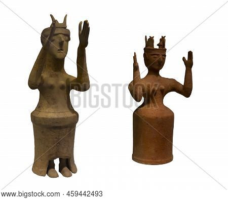 Set Of Two Statuettes Of Female Goddess Figurines. Isolated Object On White Background