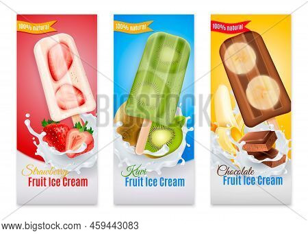 Popsicles Realistic Banners With Advertising Of Strawberry Kiwi And Chocolate Fruit Ice Cream Isolat