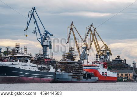 Construction Of Modern Fishing Minesweepers At The Shipyard On The Neva River In St. Petersburg In C