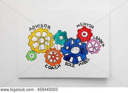 Sheet Of Paper With Color Gears And Different Role Models On White Background, Top View