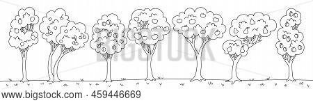 Fruit Tree Garden Doodle Cartoon Set. Flat Linear Different Orchard Trees Apple, Pear And Lemon, Che