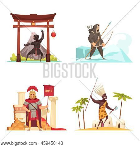 Ancient Warriors Concept Icons Set With National Weapons Flat Vector Illustration