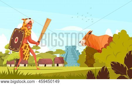 Ancient Hunter Background With Weapons And Wild Animals Flat Vector Illustration
