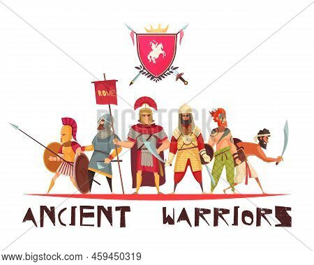Ancient Warriors Concept With Weapons And Flags Flat Vector Illustration