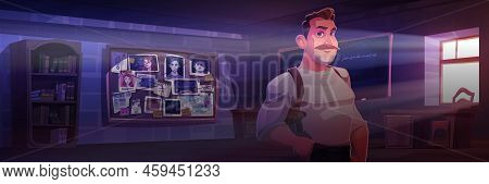 Man Inspector In Police Department Cabinet Investigate Crime. Vector Cartoon Illustration Of Detecti
