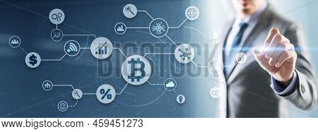 Btc. Digital Money And Technology Worldwide Network Concept. Virtual Bitcoin Digital Currency Coin