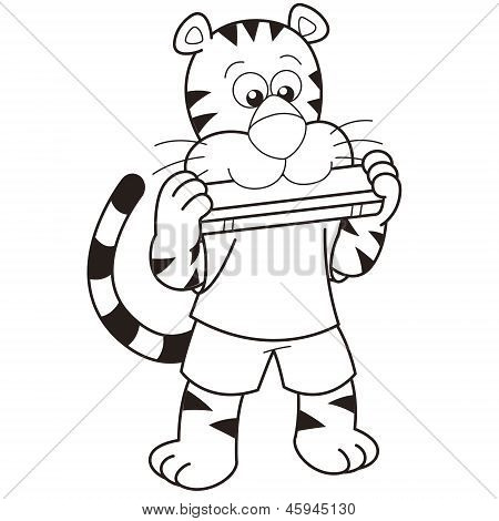 Dessin animé tigre jouant un Harmonica