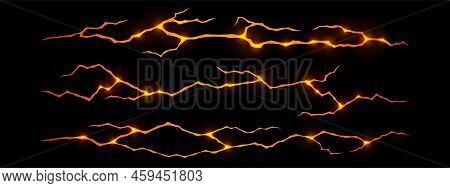 Lava In Ground Cracks, Volcano Magma Orange Glow In Cracking Holes, Ruined Land Surface. Destruction
