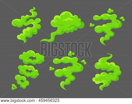 Bad Smell Fart Set. Green Smelly Toxic Clouds In Cartoon Style. Comic Smoke Collection, Illustration