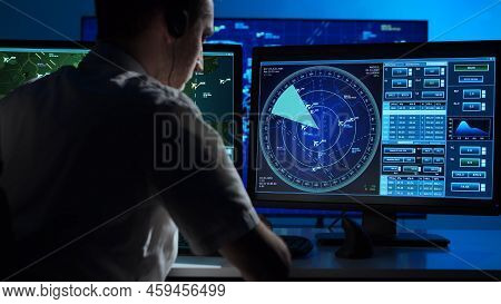 Workplace Of The Professional Air Traffic Controller In The Control Tower. Caucasian Aircraft Contro