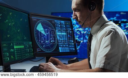 Workplace Of The Professional Air Traffic Controller In The Control Tower. Caucasian Aircraft Contro