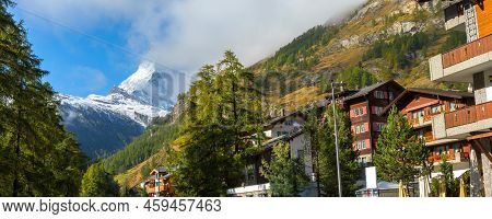 Zermatt, Switzerland Street View In Famous Swiss Alps Ski Resort, River, Snow Matterhorn, Banner