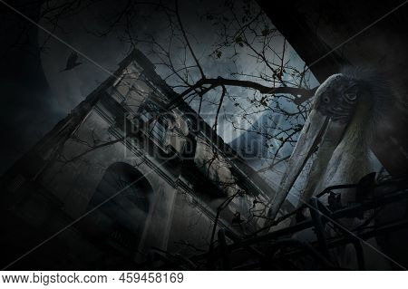 Lesser Adjutant Stork Bird Standing Over Grunge Castle, Dead Tree, Full Moon And Cloudy Spooky Sky, 