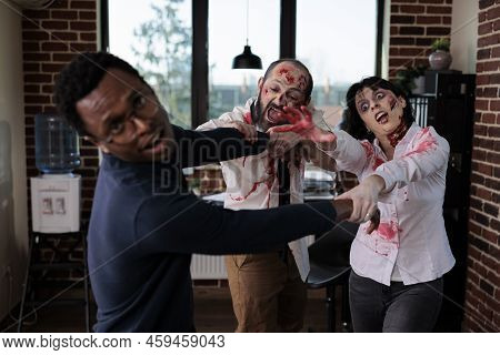 Cruel Spooky Zombies Chasing After Businessman, Frightened Person Running From Brain Eating Bloodthi