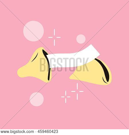 Fortune Cookie Is Opened With Piece Of Paper With Funny Predictions. Traditional Chinese Flowerless 