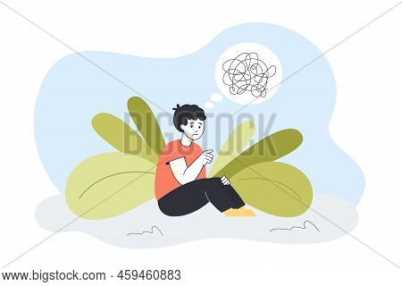 Confused Sad Kid Sitting With Tangled Knot Of Thoughts. Headache, Anxiety Of Depressed Sick Boy Flat