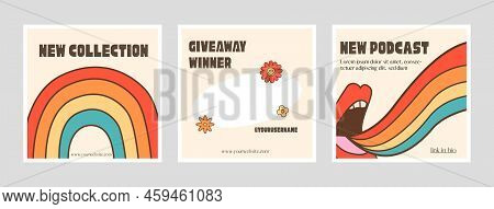 Social Media Ig Post Template With Funky Frame And Smiling Hippie Flowers. Retro 60s 70s Aesthetic B