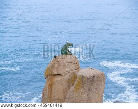 Capetown South Africa - August 24 2007; Bronze Leopard Statue On High Rock At Houpt Bay Overlooking 