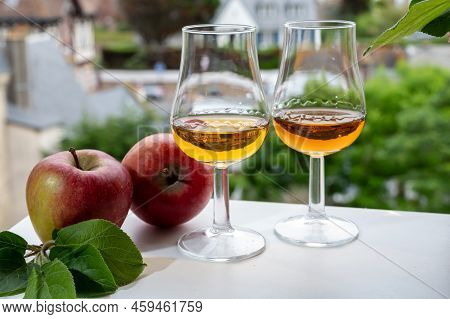 Tasting Of Strong Alcoholic Drink Calvados Made From Apples In Normandy, Calvados Region, France
