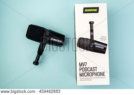 Tyumen, Russia-july 22, 2022: Shure Mv 7 Professional Microphone. Flat Lay