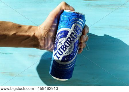 Tyumen, Russia-august 02, 2022: Tuborg Beer Non Alcoholic Can. Tuborg Advertisement Concept With Blu