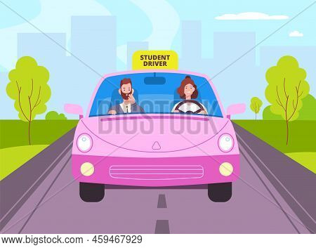 Instructor And Student In Car. Confident Learner Driver With Inspector Passenger Exam Driving Road, 
