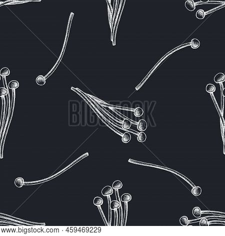 Seamless Pattern With Hand Drawn Chalk Enoki Stock Illustration