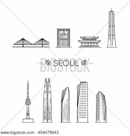 Seoul Detailed Monuments Silhouette. Vector Illustration Line Set. Vector Symbols