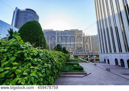 Madrid, Spain - July 30, 2022: Modern Buildings In The Center Of Madrid At Dawn On A Sunny Day And B