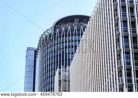 Madrid, Spain - July 30, 2022: Tall Steel And Glass Skyscrapers In The Financial District Of The Cap