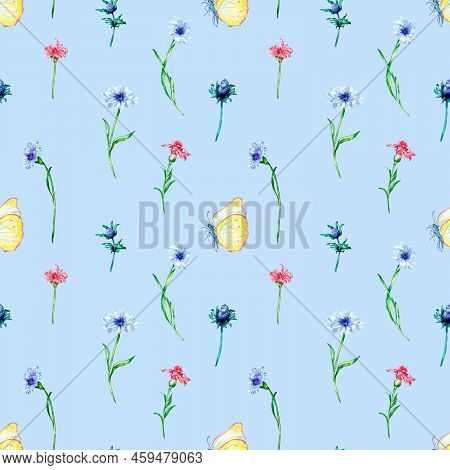 Meadow Flowers With Butterflies Watercolor Seamless Pattern On Light.