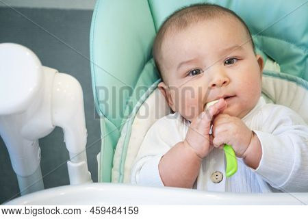 A Hungry Baby Is Gnawing On A Plastic Spoon At The Table On A High Chair. Teething, Whims, Itchy Gum