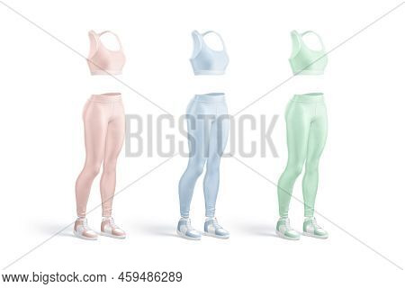 Blank Colored Women Sport Uniform Mockup, Side View, 3d Rendering. Empty Pink, Blue And Green Traini