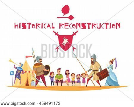 Historical Reconstruction Concept With Ancient Warriors And Weapons Flat Vector Illustration