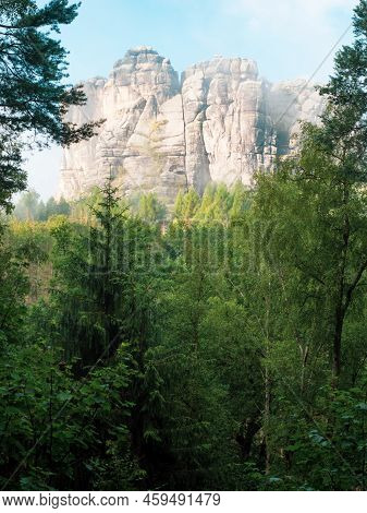 Falkenstein Sandstone Rock At The Schrammsteinen Massive. Saxon Switzerland National Park In The Ger