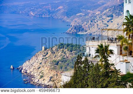 Mediterranean Spanish Coast Landscape. Cliffs Of Maro Cerro Gordo Natural Park, Near Maro And Nerja,