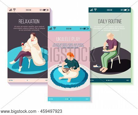 Weekends At Home Set Of Isometric Mobile Screens People During Chores Playing On Ukulele Relaxation 